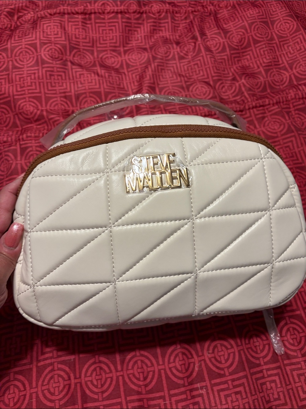 Steve Madden Cream Quilted Make Up Case with Gold Logo